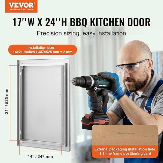 VEVOR BBQ Access Door, 17W x 24H Inch Single Outdoor Kitchen, Stainless Steel Flush Mount, Wall Vertical with Handle, for BBQ Island, Grilling Station, Outside Cabinet