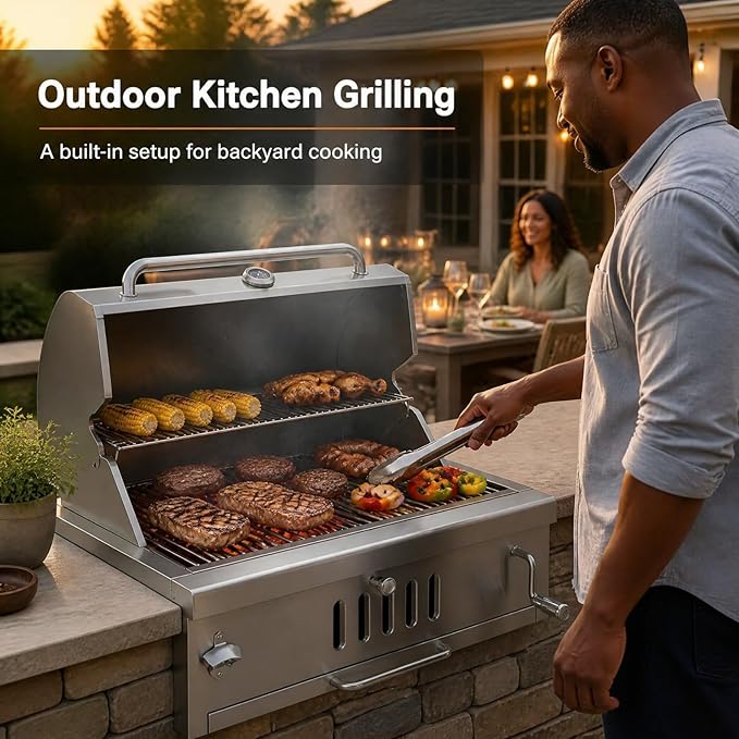 Built in Charcoal Grills for Outdoor Kitchen Island, Large Drop-in Barbecue Grill with Liftable Tray, Insulated Hood & Temp Gauge Heavy Duty Stainless Steel BBQ Grill for Family Parties Patio Cooking