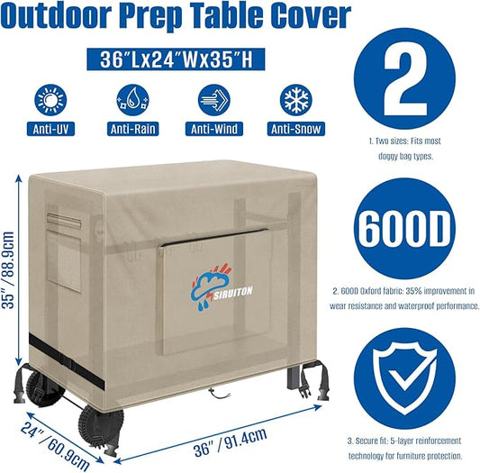 SIRUITON Outdoor Bar Cart Cover for 36 Inch Portable Outdoor Table, Heavy Duty 600D Oxford Fabric Outdoor Waterproof BBQ/Worktable Metal Movable Table Cover