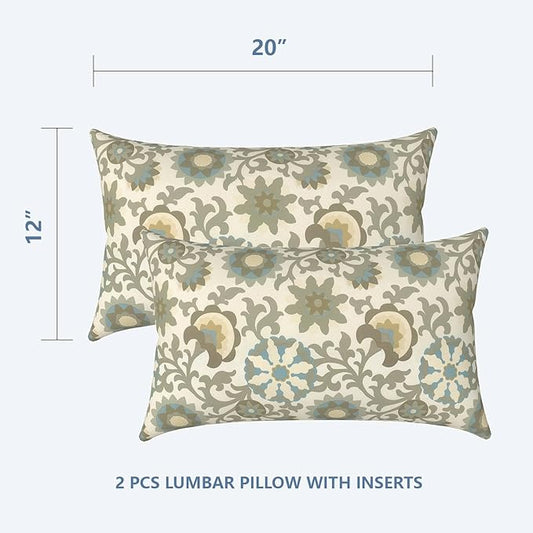 LVTXIII Outdoor/Indoor Lumbar Pillows, Decorative Patio Lumbar Cushions, Fluffy Water Repellent Garden Cushions for Home Patio Coach Sofa Use, 12×20 Inch, Pack of 2, Floral Symphony