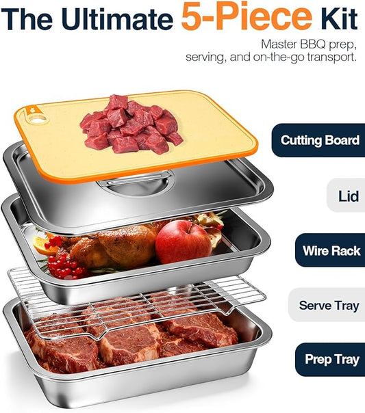 5 in 1 Grill Prep Tray and Carry System, Large Grilling Prep and Serve Tays with Lid and Cutting Board, Deep Meat Marinating Container as BBQ Grilling Gift, Home Series, L