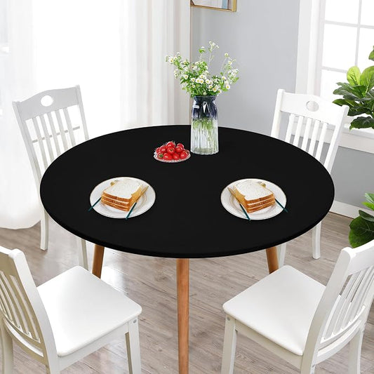 NEWISHER Round Fitted Table Cover Spandex Stretch Tablecloth Black Table Top Cover with Elastic Edged for Dining Picnic Patio 48 inch