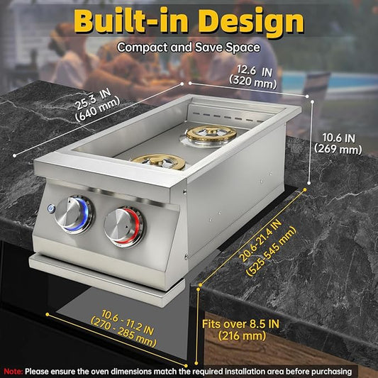 Double Side Burners for Outdoor Grill, Heavy-Duty 304 Stainless Steel | Built-in Side Burners with LED for Outdoor Kitchen BBQ Island, 2x17,000BTU Natural Gas Side Burner with Cast Brass Burner.