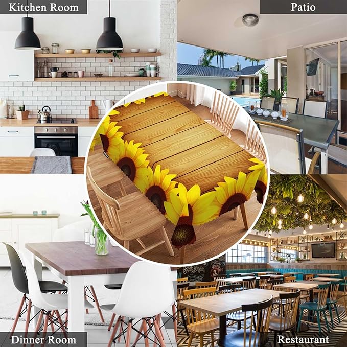 Swono Tablecloth 52"X70" Sunflowers, Beautiful Sunflowers Wooden Plank Rectangle Table Cover Anti-Oil Tablecloth for Dining Tables, Parties, Wedding and Banquet Decoration