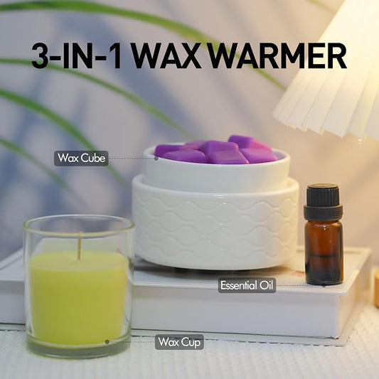 7-Color Changing Wax Melt Warmer, Modern Ripple Design 3-in-1 Electric Candle Warmer with Large Melting Dish, Ceramic Scented Wax Melter Essential Oil Burner for Home Aromatherapy, White