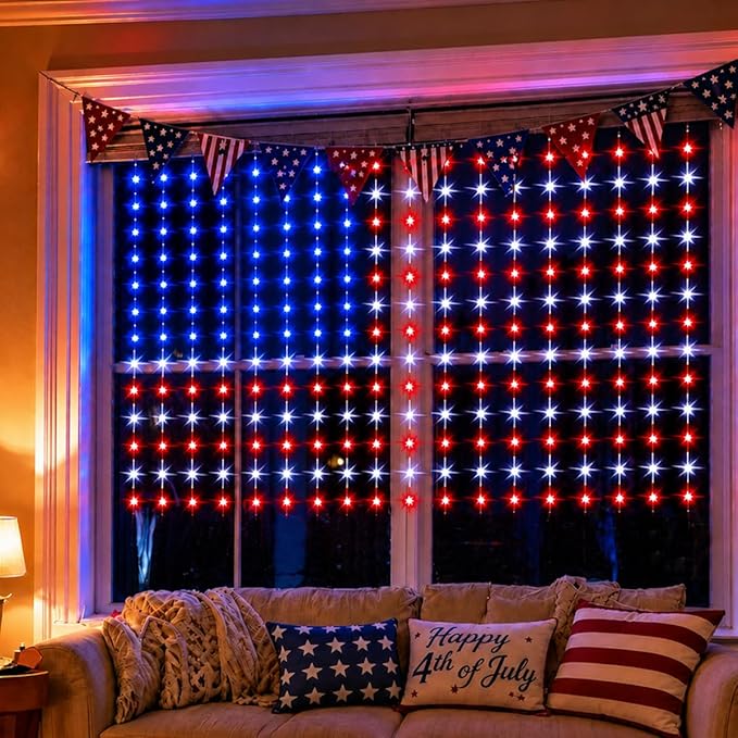 American Flag Curtain Light, USB Powered, 234 LEDs Red White Blue Patriotic American Flag Decor for 4th of July, National Holidays, Memorial Day, Indoor Outdoor Home Porch Courtyard Decoration