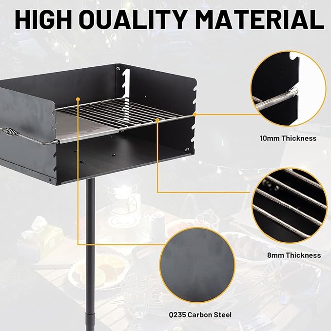 Park Style Charcoal Grill, 16"x16"x8" Heavy Duty Outdoor Park Grill with Cooking Grate, Backyard Camping BBQ Grilling