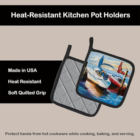 Caroline's Treasures JMK1242PTHD Symmetry Sailboats Pair of Pot Holders Kitchen Heat Resistant Pot Holders Sets Oven Hot Pads for Cooking Baking BBQ, 7 1/2 x 7 1/2
