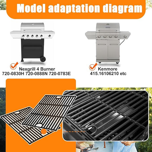 Uniflasy Grill Replacement Parts for Nexgrill 4 Burner 720-0830H, 5 Burner 720-0888N, 720-0888 Gas Grill Models, Porcelain Steel Heat Plate Flame Tamer, Cast Iron Grill Grates, 17inch
