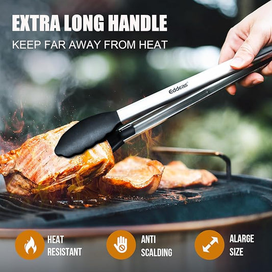 17 & 12 Inch Extra Long Kitchen Tongs with Silicone Tips, Heat Resistant 600 Degrees Silicone Tong, Stainless Steel Tongs for Cooking, Food, Bbq, Grilling, Barbecue, Dishwasher 2 Pack