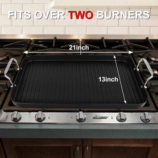 21" x 13" Cast Iron Griddle Pan, Pre-Seasoned Double Burner Griddle Pan with Stainless Steel Handle, Ribbed Surface, Oven Safe for Gas Ceramic Electric Stove, BBQ Camping Indoor Outdoor