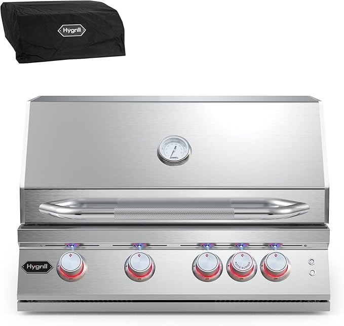 Hygrill Premium XTR 32-Inch Built In Grill, Stainless Steel 4-Burner Grill Head for Outdoor Kitchen with Rear Infrared Burner and LED Lights, Natural Gas
