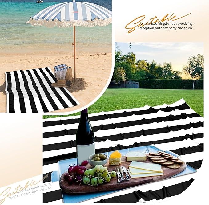 2 Pack-54x108inch Black and White Striped Rectangular Polyester Fabric Tablecloth for Indoor/Outdoor Dining, Party, Picnic, Barbecue, Gathering