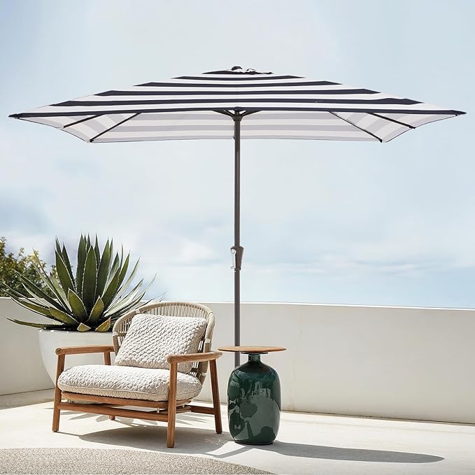 JEAREY 8x10 ft Rectangular Patio Umbrellas Outdoor Table Market Umbrella w/Crank, 8 Sturdy Ribs, UV Protection Windproof Sunproof for Garden, Deck, Backyard, Pool(Black Striped)