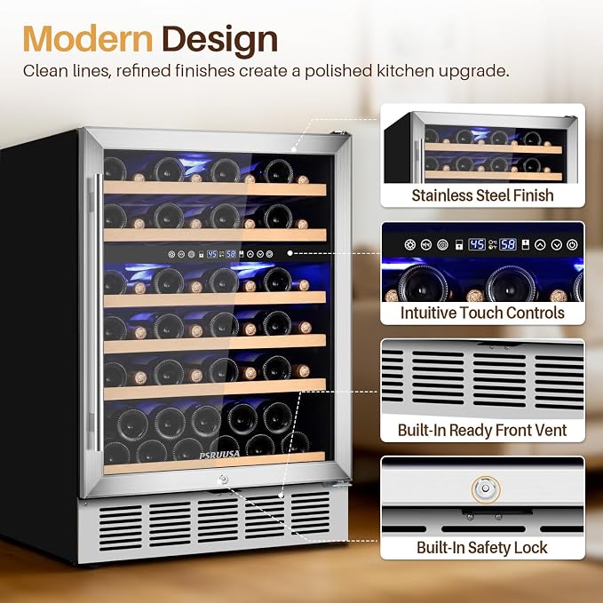 24 Inch Wine Fridge Dual Zone Wine Cooler Holds 46 Bottles, Temperature Control, Built-In or Freestanding Under Counter Wine Refrigerator with Glass Door for Kitchen, Home Bar