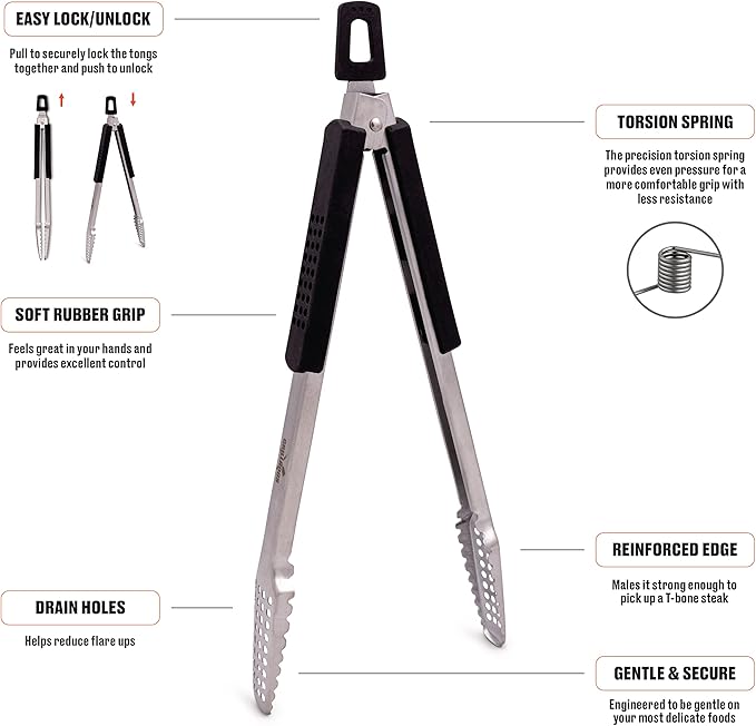 Dropkick Your Old Tongs, GRILLHOGS 9-Inch 2 Pack Barbecue Tongs Are the Only Equipment That Can Handle Your Massive Meat, Stainless Steel + Soft Grip, Dishwasher Safe, Premium Grill Tongs