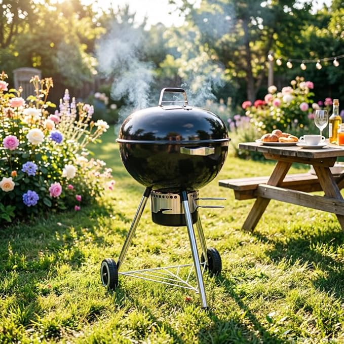 22 Inch Grill with Thermometer, Portable Charcoal BBQ for Outdoor Backyard, Steel Construction with Wheels & Ash Collector, Classic Black