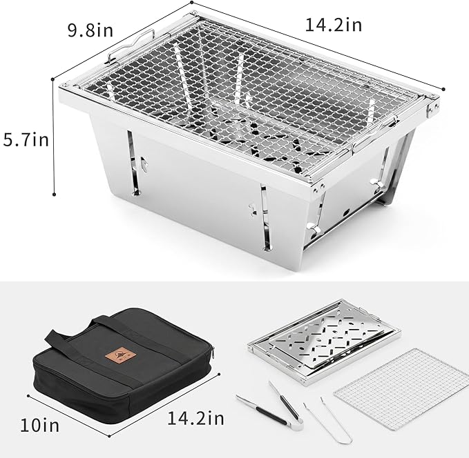 Camping Charcoal Grill for IGT Table, Folding Barbecue Grill with Tongs & Carry Bag, Portable BBQ Grill for Outdoor Car Camping Cooking Tailgating