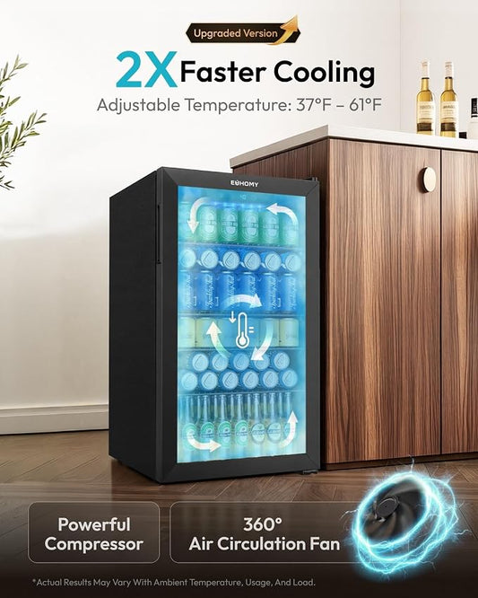 EUHOMY Mini Fridge 130 Can Beverage Refrigerator Cooler Glass Door for Soda Wine Beer, Beverage Cooler for Home, Bar, Office with Digital Temperature Control Removable Shelves, Black