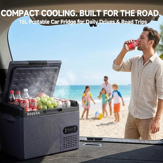 BODEGA 12 volt Car Refrigerator – 16QT Portable, Low Noise, Fast Cooling with LED Display, Multiple Charging Options, Energy-Efficient for Road Trips & Outdoor Adventures