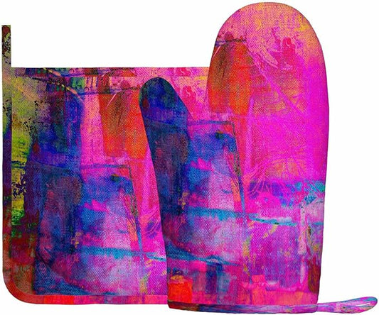 Mxocom Art Abstract Silicone Oven Mitts and Pot Holders Sets Bright Fuchsia Magenta Pink Red Yellow Green and Blue BBQ Gloves for Kitchen,Cooking,Baking,Grilling