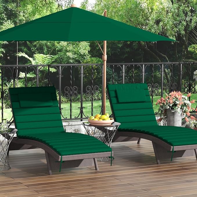 Sundale Outdoor Olefin Quilted Lounge Cushion Set of 2, Patio Foldable Chaise Lounger Cushion, Water-Resistant Lounge Chair Pad with Straps Dark Green, 80 x 26 inches