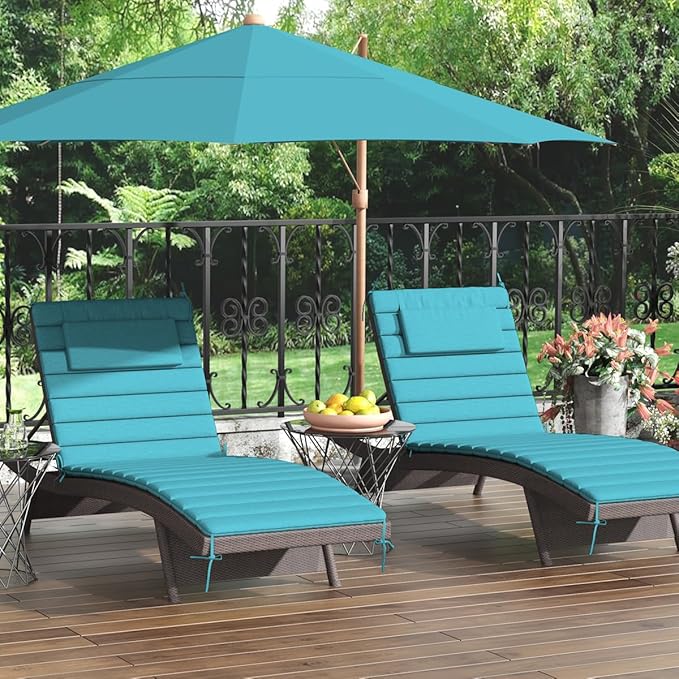 Sundale Outdoor Olefin Quilted Lounge Cushion Set of 4, Patio Foldable Chaise Lounger Cushion, Water-Resistant Lounge Chair Pad with Straps Teal, 72 x 21 inches