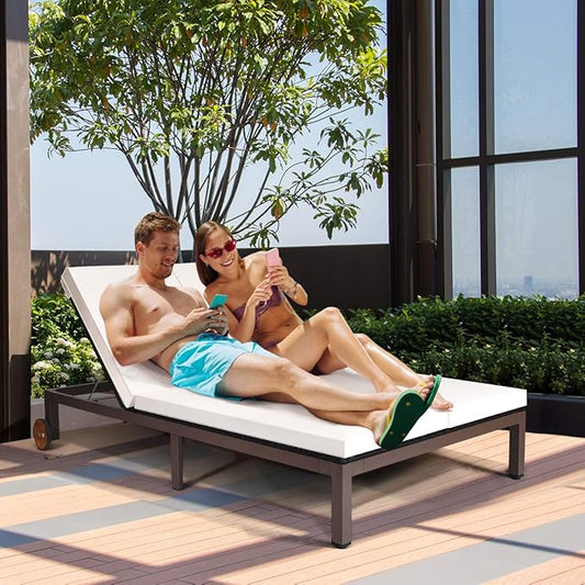 Tangkula 2-Person Patio Lounge Chair, Outdoor Rattan Double Wicker Daybed Chaise with Adjustable Backrest Wheels & Cushion, Loveseat Sofa for Garden Lawn Backyard (Cream)