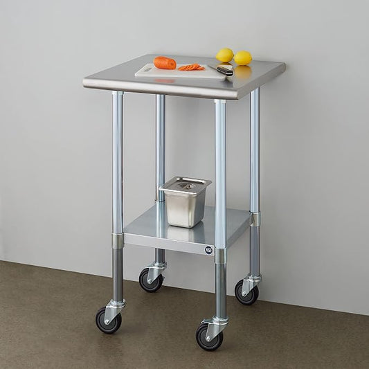 ROCKPOINT Stainless Steel Table for Prep & Work with Caster Wheels 24x24 Inches, NSF Metal Commercial Kitchen Heavy Duty Table with Adjustable Under Shelf and Table Foot for Restaurant, Home and Hotel