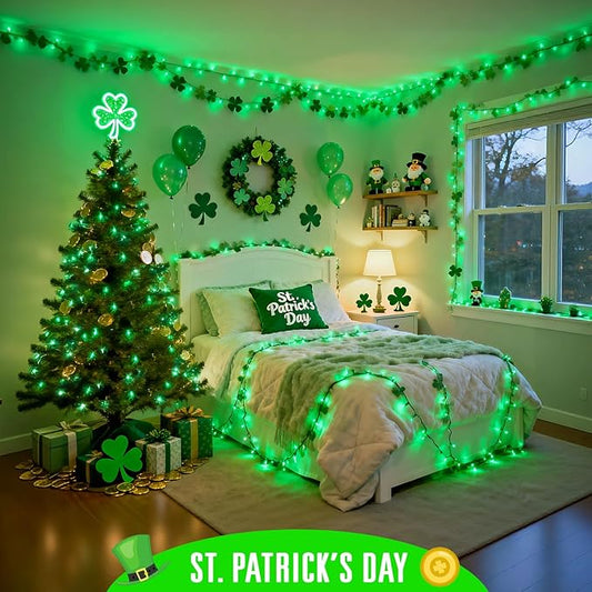 4 Pack St Patricks Day Lights Battery Operated, 50 LEDs 16.5ft Green String Lights Outdoor Waterproof, Green Wire Battery Powered Twinkle Lights for Tree Wreath Christmas St Patricks Day Decorations