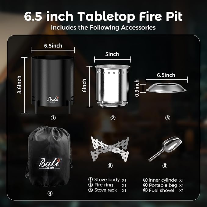 BALI OUTDOORS 6.5 inch Tabletop Fire Pit Round, Stainless Steel Table Top Firepit Small, Outdoor Smokeless Firepit Portable, Black