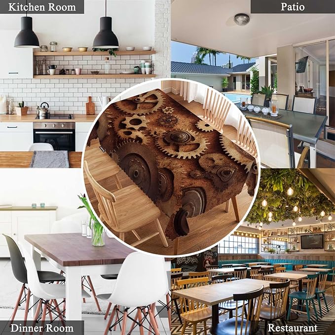Swono Clock Gear Table Covers 52x70 Inch Steampunk Old Mental Mechanical Clock Gears Wipeable Tablecloth Kitchen Dinning Tabletop Decoration, Table Cloth for Outdoor and Indoor Use