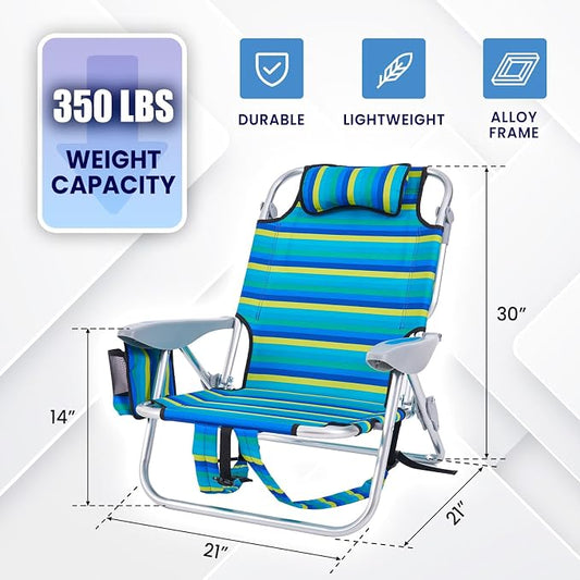 Portable Recliners Chair for Adults, Outdoor Camping Chair Lay Flat Folding Backpack Reclining Chair with 5 Positions, Headrest, Zipper Pouch, Cup Holder, NEW Srtiped
