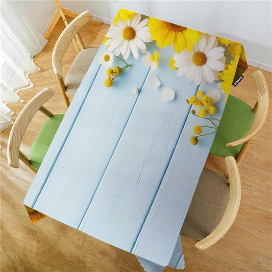 Swono Daisy Rectangular Tablecloth Garden Blossom Daisy Sunflowers Blue Wooden Washable Table Cloth Kitchen Dining Room Table Cover for Party Dinner 50x72 Inch Tablecloths