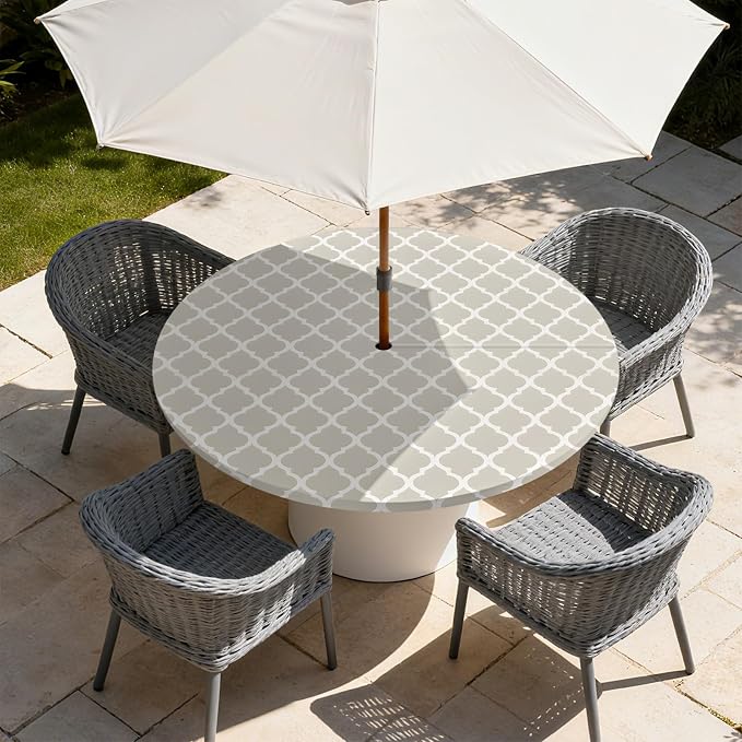 Outdoor Tablecloth with Umbrella Hole and Zipper Fits 45-48" Tables | Waterproof Round Fitted Tablecloth with Elastic Edge, Wipeable Outdoor Table Cover for Patio, Garden, Picnic