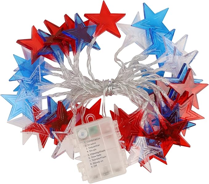 July 4th Red Blue and White Star Lights, 40LED 19FT Patriotic String Lights with Stars Battery Operated, 8 Lighting Modes & Timer, Waterproof Outdoor Independence Day Memorial Day Holiday Party Decor