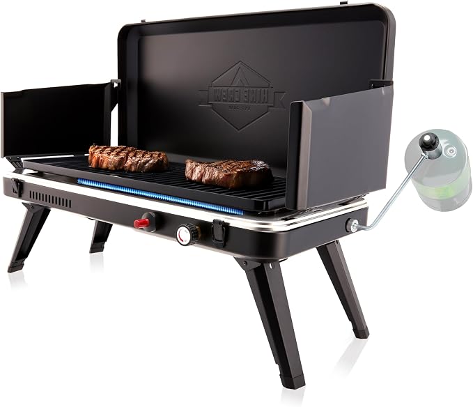 Hike Crew Gas Camping Grill | 13,000 BTU | Portable Propane Burner | Foldable Legs | Integrated Igniter & Included Regulator w/Stainless Steel Drip Tray | Wind Panels & Built-in Carrying Handle