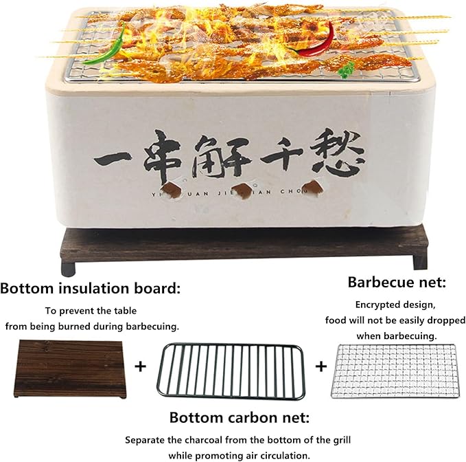 Hibachi Grill BBQ Foldable Barbecue Charcoal Grill Easy for Installation with Adiabatic Wood Board for Indoor and Outdoor Cooking Backyard Camping Picnics Beach