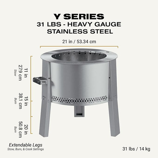 Breeo Smokeless Fire Pit (Y Series - Stainless Steel) | 21 inch Portable Smokeless Firepit for Outside | 31 Pounds | Ideal for Families Compatible with Wide Range of Breeo Accessories
