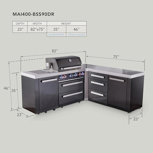 Mont Alpi 82"W x 75"D x 46"H Black Stainless Steel L-shaped Outdoor Kitchen Island with Side Burner + 44"W 6-Burner BBQ Grill + Granite Countertops + Storage Drawers & Cabinets + Rotisserie + Cover