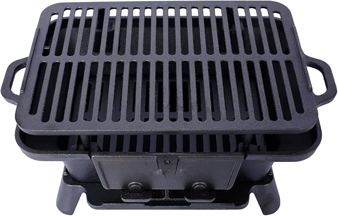 Cast Iron Hibachi Grill & Skillet Combo, Portable Charcoal Hibachi Grills, Compact Camping Charcoal Cooker for Tailgating, Picnics & Hunting (B)