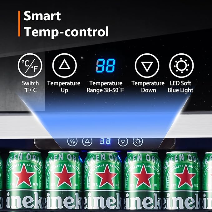 24 Inch Under Counter Beverage Fridge -Max 164Cans Capacity Drink cooler | Wide 24'' Perfectly for Built in Space, Adjustable shelves for any size beverage/beer/soda Transparent door Refrigerator
