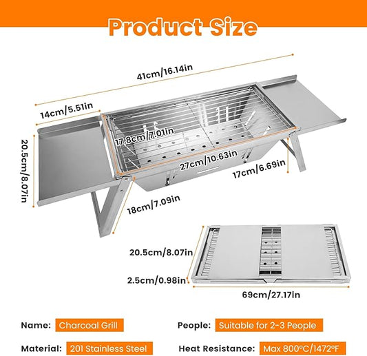 Portable Charcoal Grill, 3 In 1 Stainless Steel Foldable Table Top Charcoal Small Grill, Camping Smoker BBQ Grill with Storage Shelf for Outdoor Cooking, Travel, Camping, Backyard
