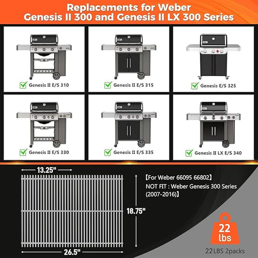 9MM 18.75" Grill Grates for Weber Genesis II, Grill Parts for Weber Genesis 2 300 & GS4 Genesis II LX 300 Series Grills, 304 Stainless Steel Replacement Grates for Weber Genesis II E 310 E&S 315 320