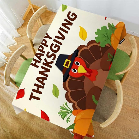 Swono 52x70 Inch Happy Thanksgiving Tablecloth Autumn Turkey Harvest Pumpkin Farmhouse Dining Table Cloth Anti-Stain Talking Table Cover for Kitchen Dinning Room Coffee Store