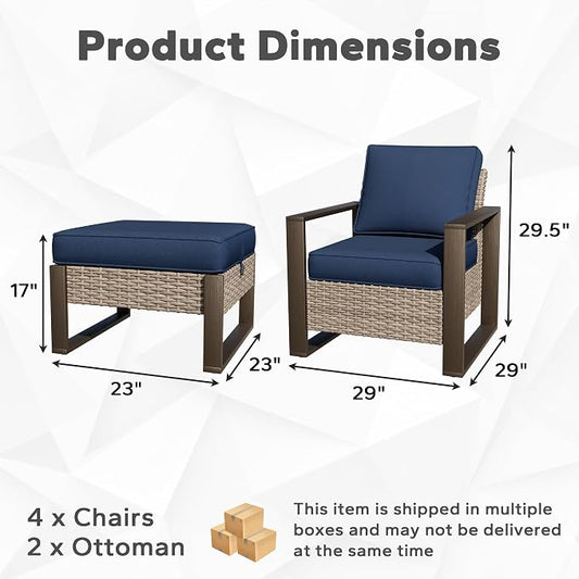 Joyside Outdoor Patio Chairs, 6 Pieces Wicker Rattan Furniture Set, 4 Patio Chairs and 2 Ottoman, Metal Wide Armrest, Thick Cushions and Deep Seating for Garden, Backyard, Porch, Deck