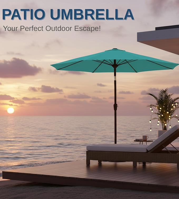 9FT Auto-Tilt Patio Umbrella|Outdoor Market Table Umbrella with 8 Fiberglass Ribs for Pool,Deck&Backyard