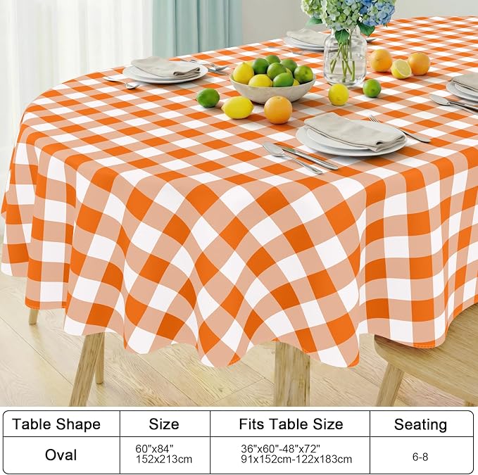 Smiry Oval Table Cloth, Vinyl Tablecloths with Flannel Backing, 60"x84" | Waterproof Picnic Table Cloth, Wipeable Buffalo Plaid Table Cover for Indoor and Outdoor (Orange & White)