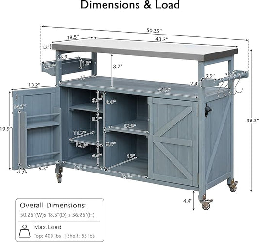 50.25" Outdoor Kitchen Island, Rolling Bar Cart & Storage Cabinet, Farmhouse Solid Wood Grill Table with Stainless Steel Top, Spice Rack, Towel Rack for Kitchen & Barbecue