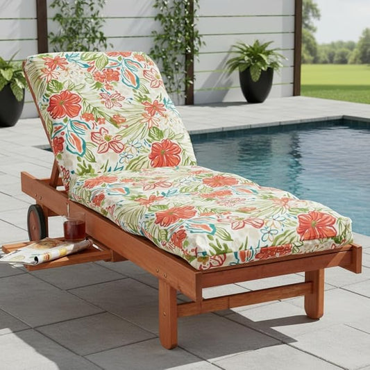 Modern Outdoor Chaise Lounge Cushion with Ties – Durable Polyester Fabric, Channel-Filled Polyfiber Insert, Removable Zippered Cover, Breeze Floral